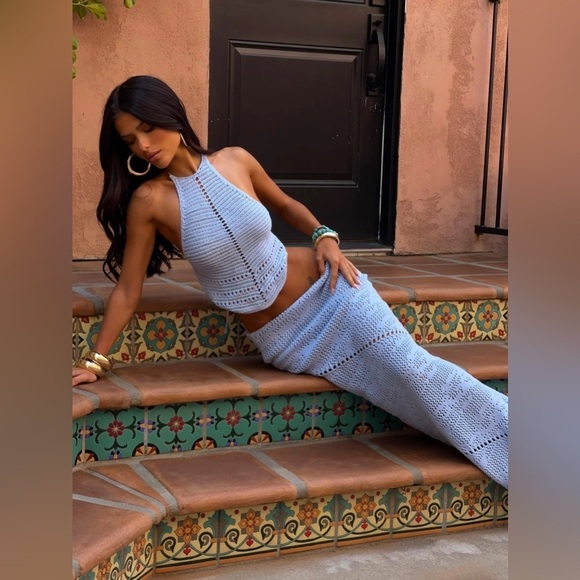 Outcast Dresses & Skirts - Outcast Light Blue Knit knitted Maxi Skirt XXS/XS FITTED cotton blend ROXANNE